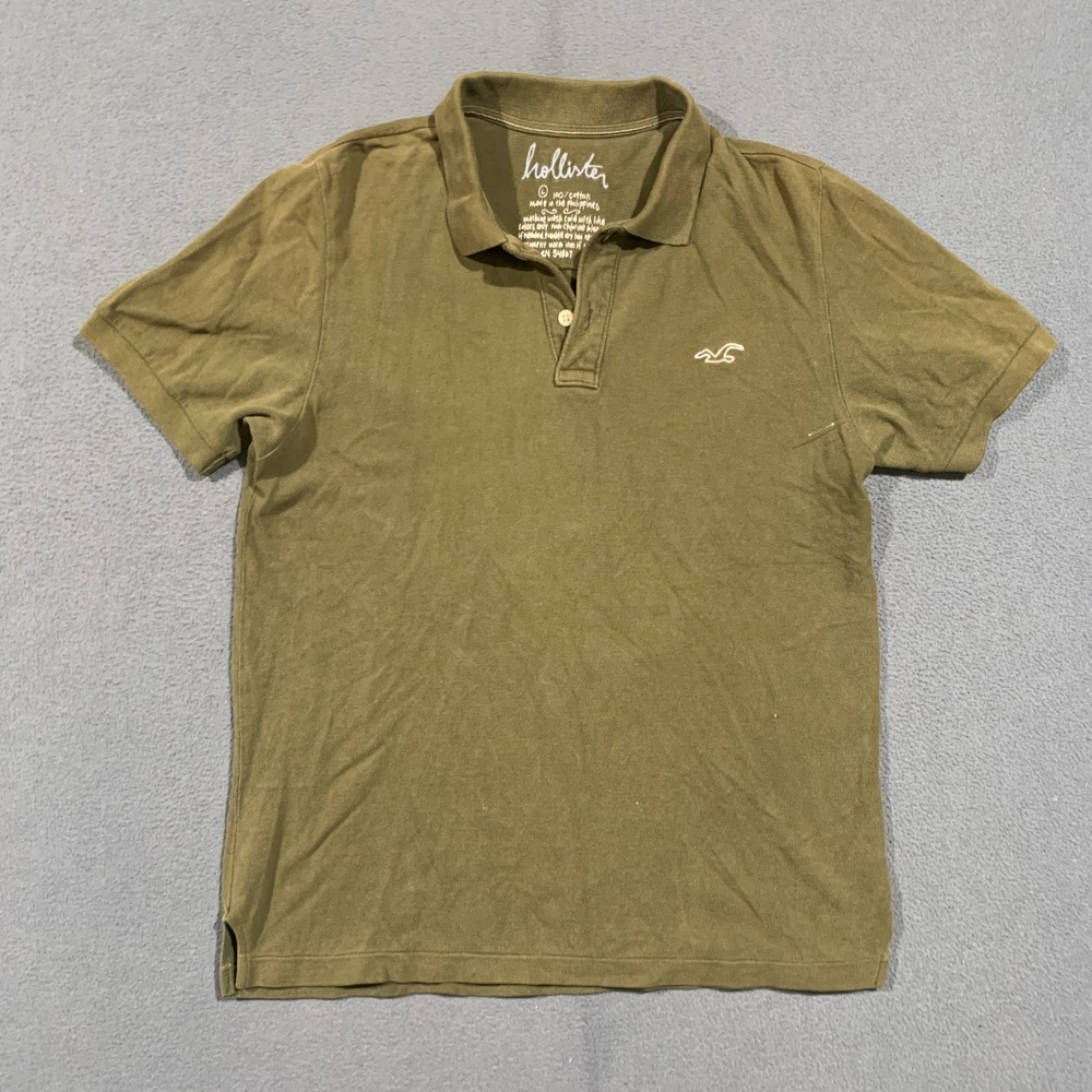 Y2K Hollister Polo Shirt Mens Large Olive Green Short Sleeve Cotton Logo Casual